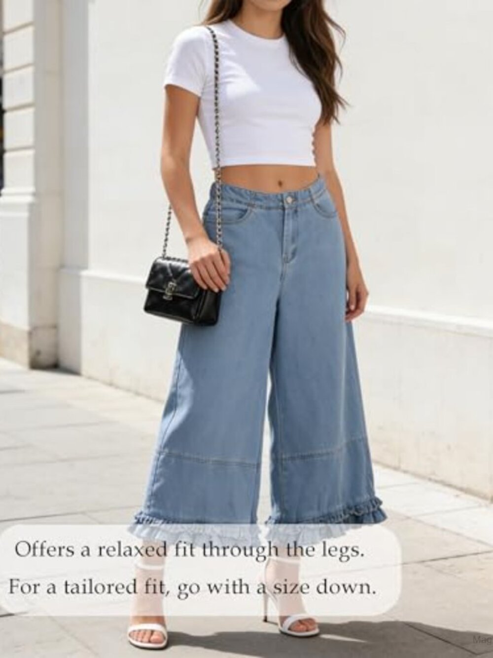 Mid Rise Wide Leg Ruffle Hem Cropped Jeans Pull-On Baggy Denim Pants - Picture 3 of 6